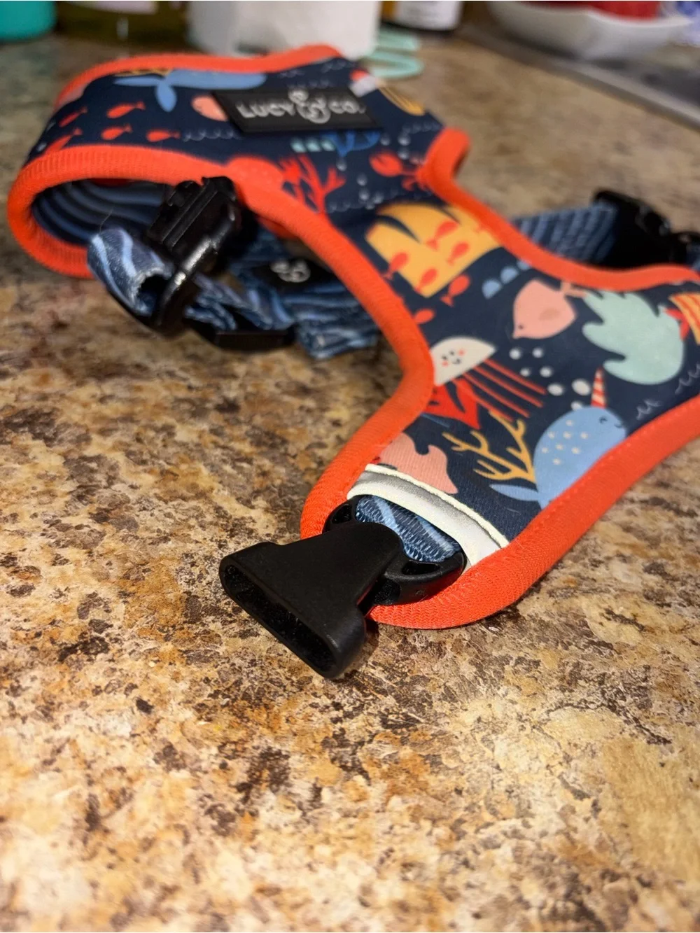 Reversible Ocean-Print Dog Harness with Navy stripes with Orange Trim